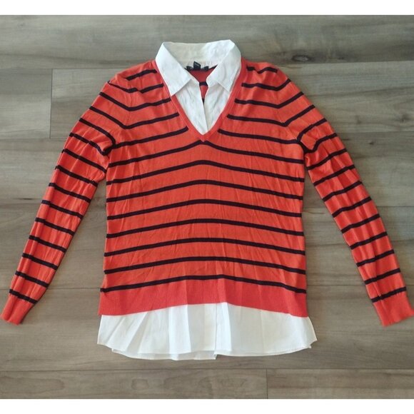 NWT Lauren Ralph Lauren Orange Striped Long Sleeve w Collar Shirt Sweater L - Picture 6 of 10
